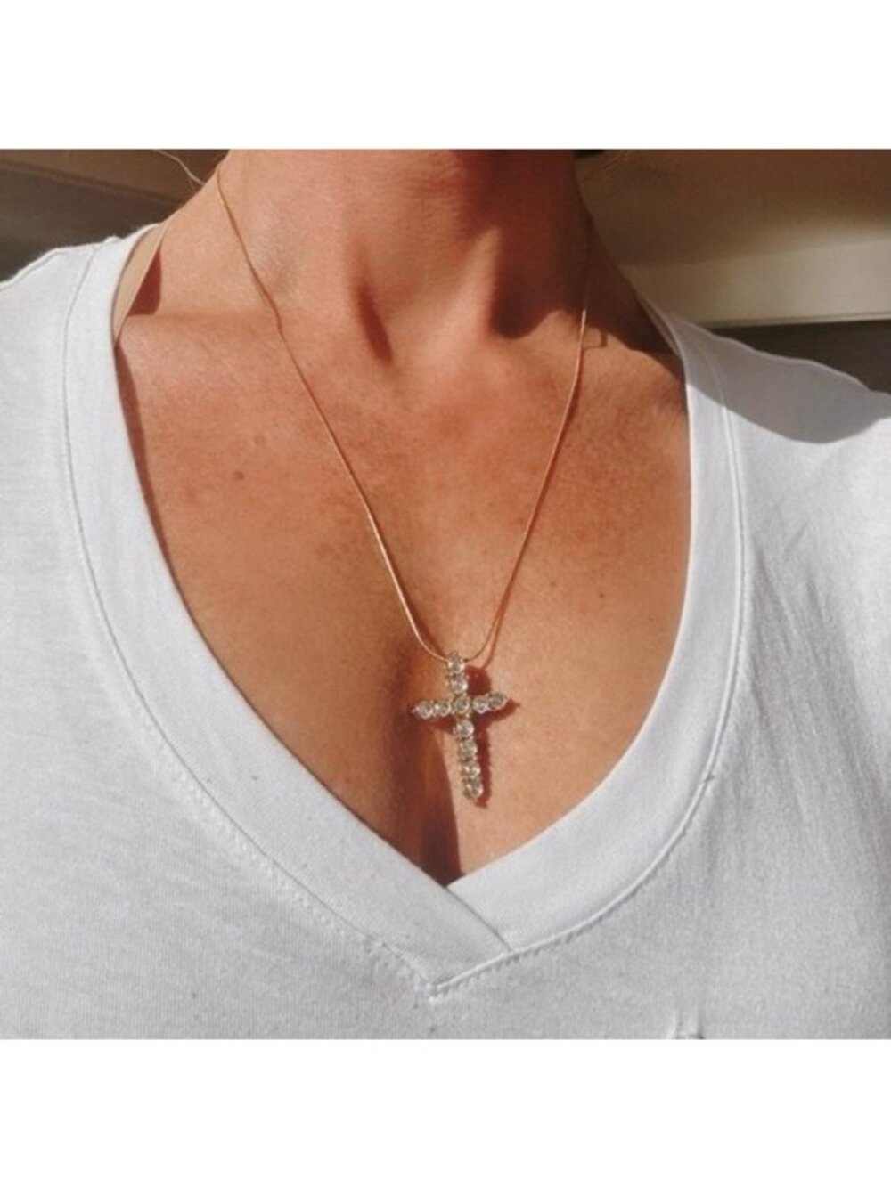 CZ Cross Necklace Layering necklace 22" WATERPROOF Gold Snake Chain Necklace